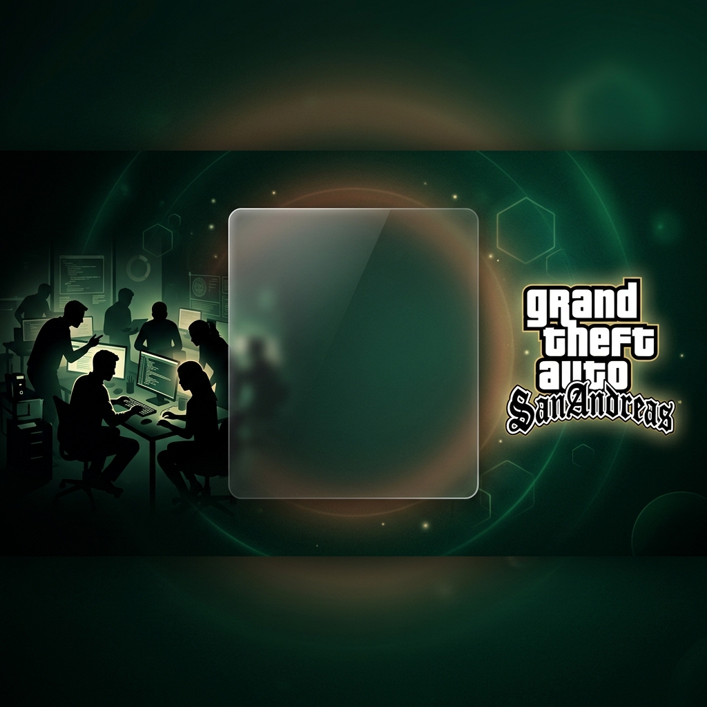 Team working on GTA San Andreas Mod APK website, computers and game elements
