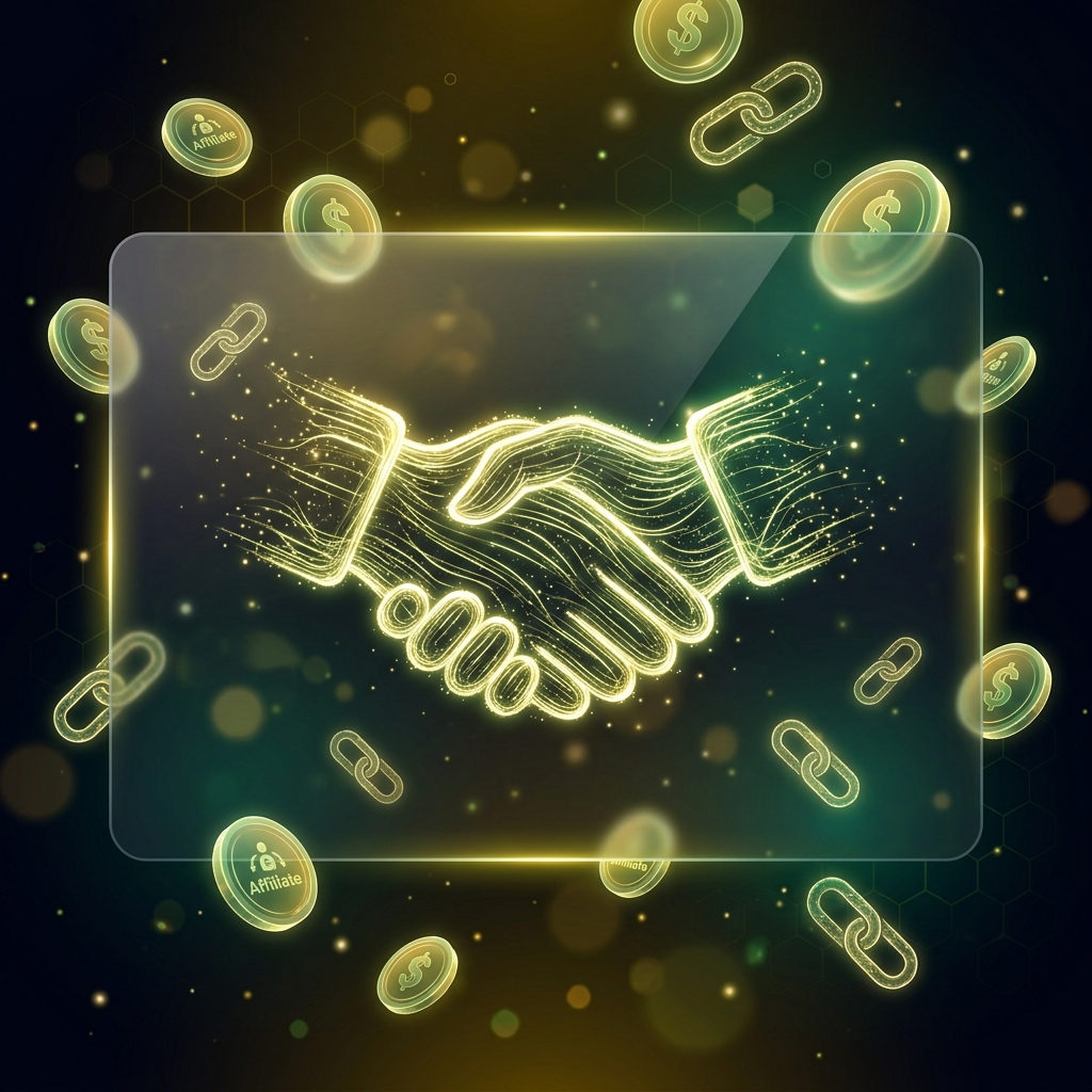 Glowing handshake with floating coin and link chain symbols representing affiliate disclosure on dark background