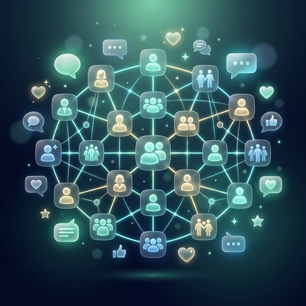 Glowing network of connected human figures with speech bubbles representing community guidelines on dark background