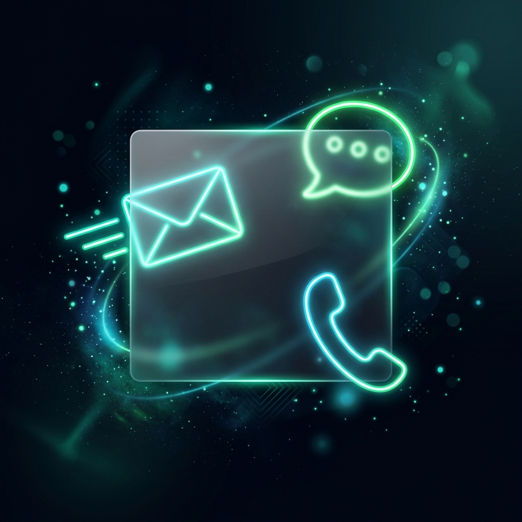 Contact icons including envelope, chat bubble and phone glowing in dark green neon