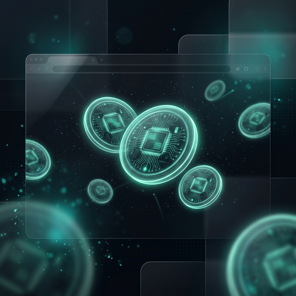 Glowing digital cookie tokens floating in dark space representing website cookie policy