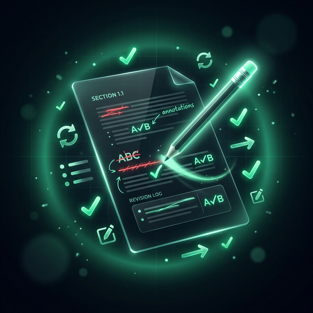 Glowing pencil correcting a document with checkmarks representing correction policy on dark background