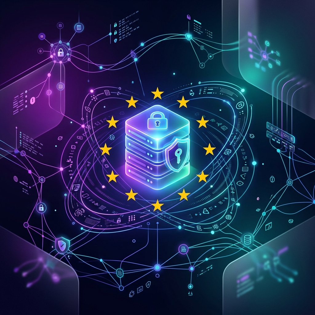 Glowing database server with orbiting GDPR data rings representing data protection policy on dark background