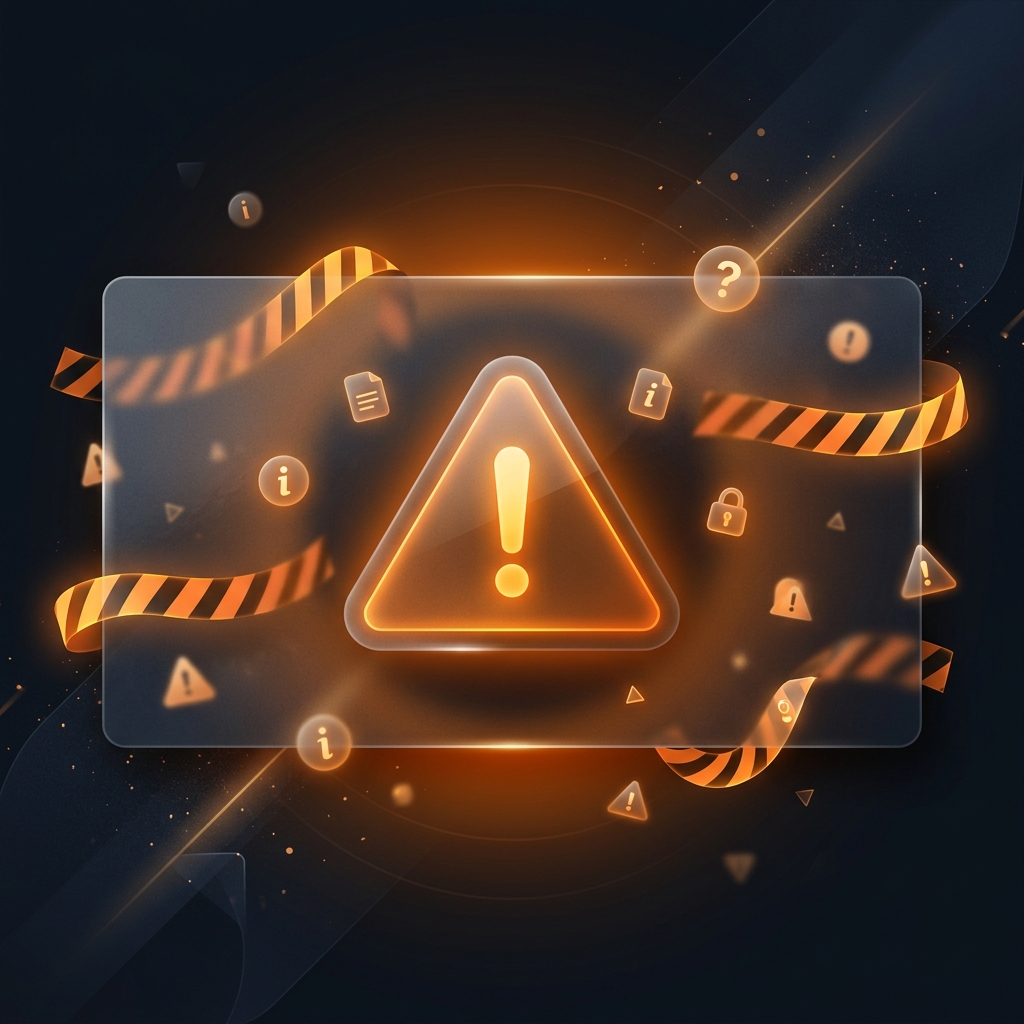 Glowing warning triangle with exclamation mark representing website disclaimer on dark background