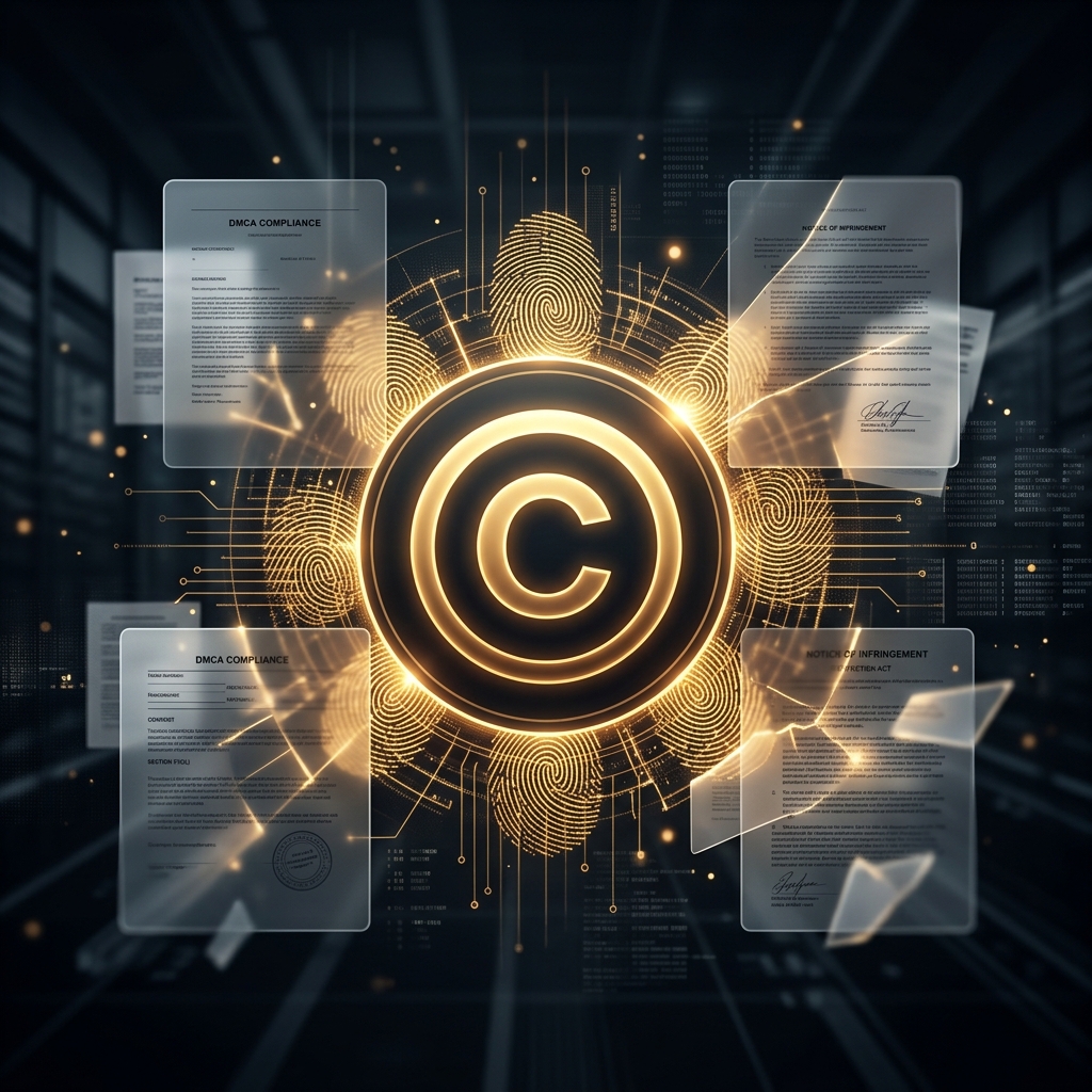 Glowing copyright symbol surrounded by digital fingerprint patterns representing DMCA policy on dark background