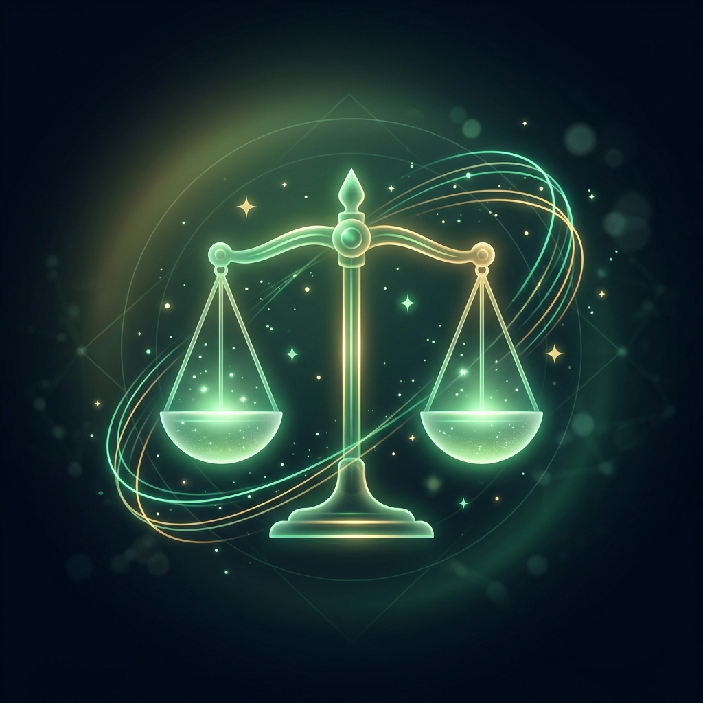 Glowing balance scale of justice with emerald green light representing ethics policy on dark background
