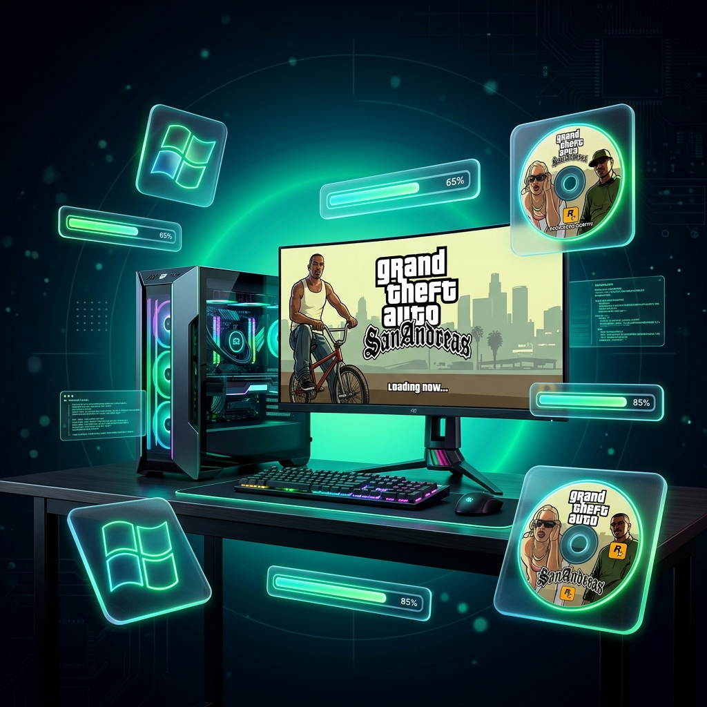 GTA San Andreas running on gaming PC with Windows, neon cityscape of Los Santos in the background