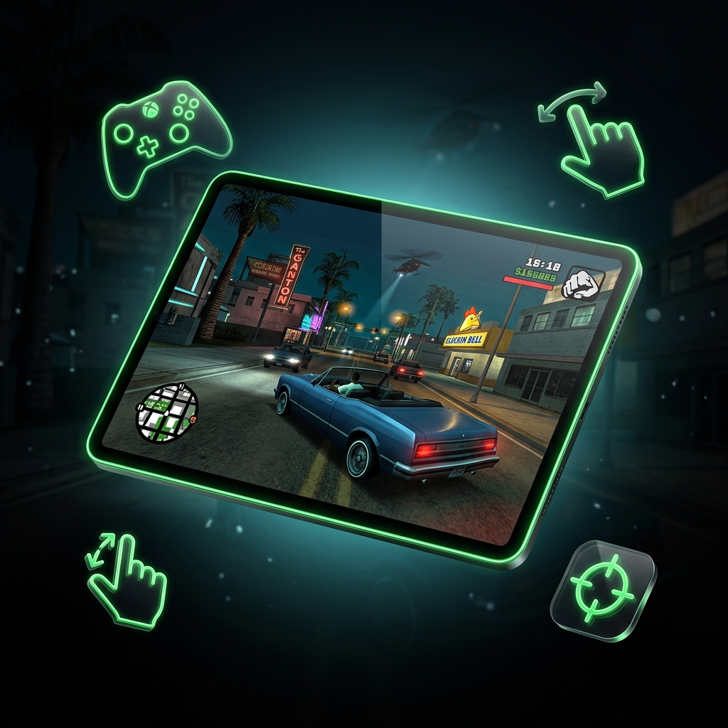 Modern tablet showing GTA San Andreas open world gameplay with touch gesture rings and neon Los Santos horizon