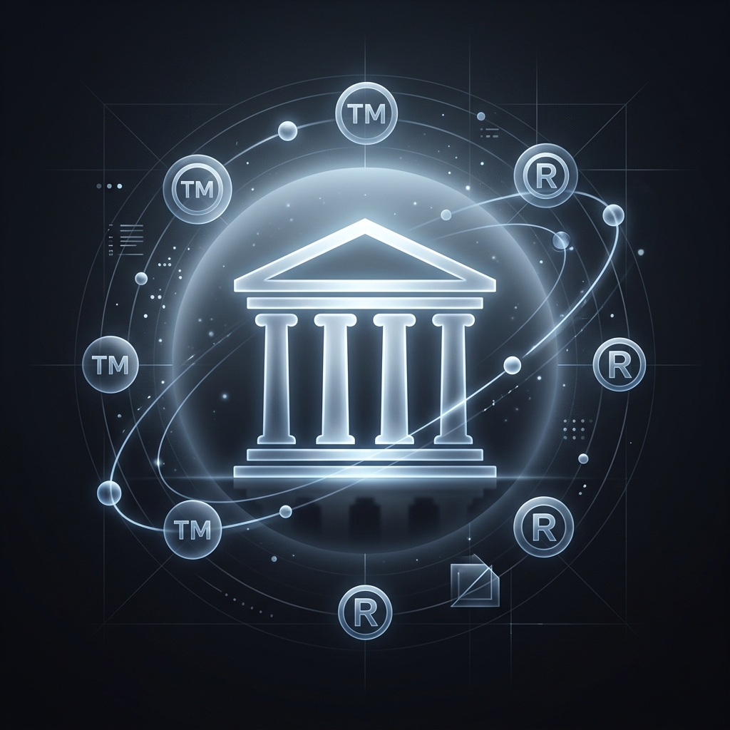 Glowing courthouse pillars with floating trademark symbols representing legal notices on dark background