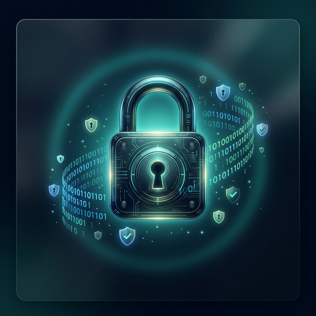 Glowing padlock surrounded by binary data streams representing privacy policy on dark background