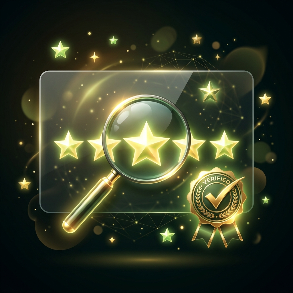 Glowing five-star rating with magnifying glass and checkmark badge representing review integrity on dark background