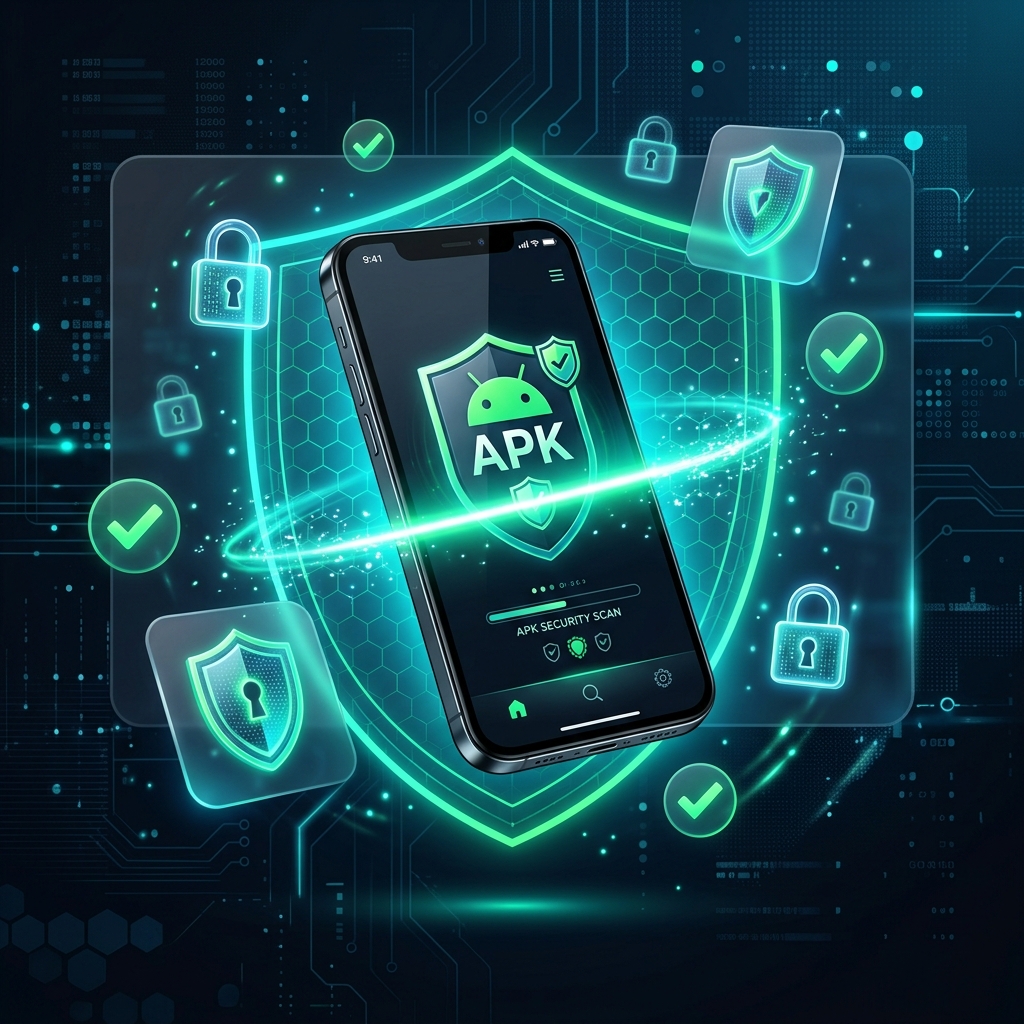 Futuristic laser scan beam over smartphone with APK icon representing security testing process