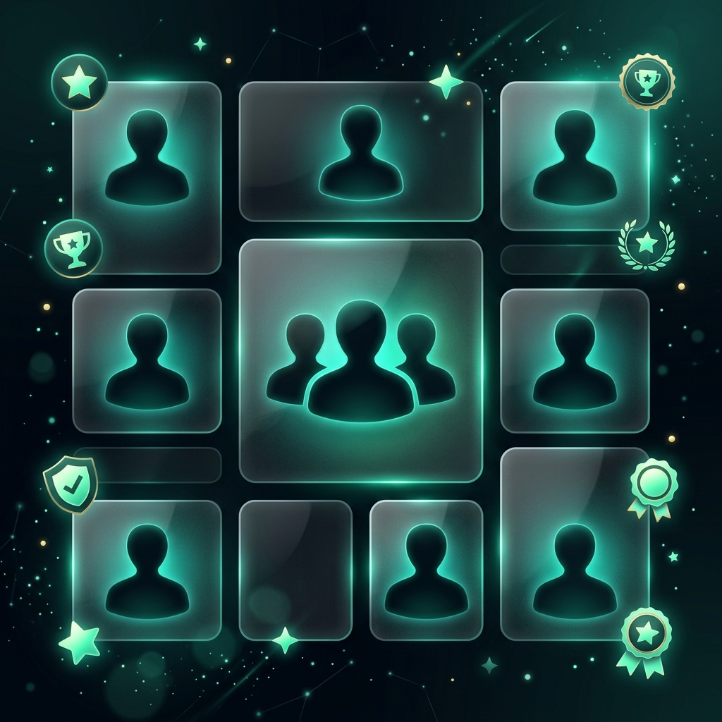 Abstract team silhouettes in glowing frosted glass cards on dark background representing our editorial team