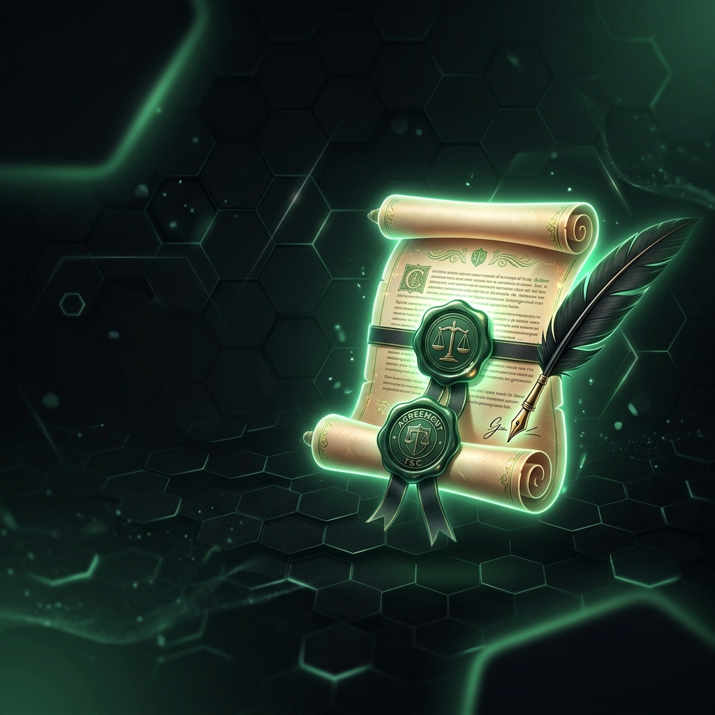 Glowing legal scroll with quill pen and wax seal representing terms and conditions on dark background